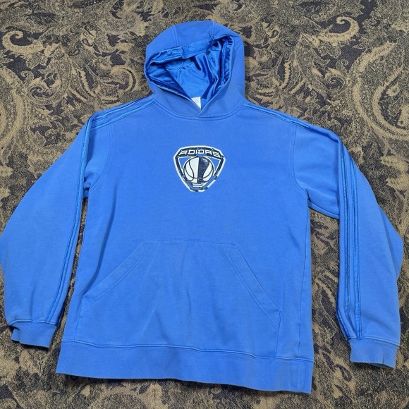 Vtg Y2K Adidas Basketball Pullover Hoodie Light Blue Kids Size Large - Picture 1 of 10